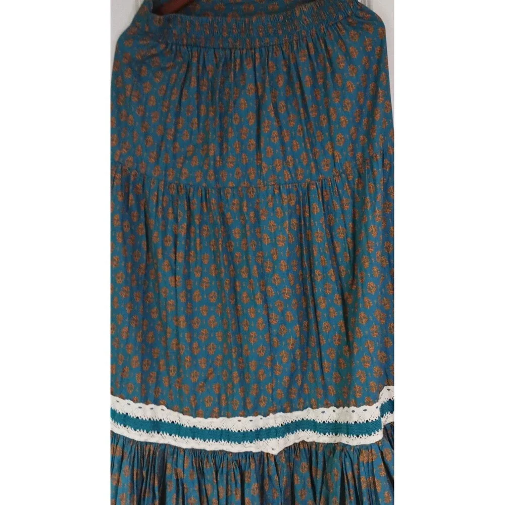 Luna Moon Blue Brown Floral Cotton Boho Long Skirt Lace Tiered Elastic Waist M
